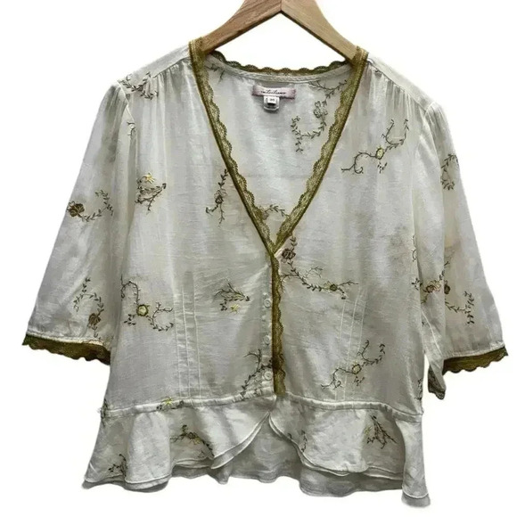 Intuitions Tops - Feminine Light Cotton Deep V Short Sleeve Embroidered Button Closure Scalloped